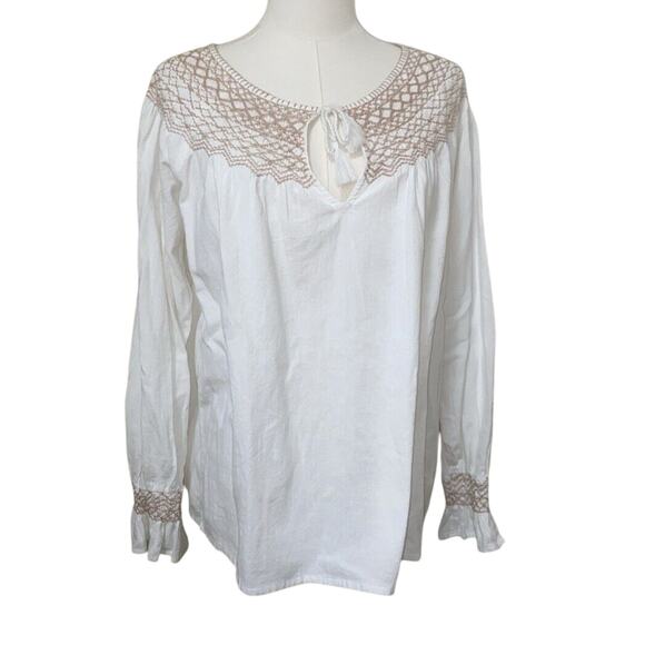 Faherty Small White Tan Peasant Boho 100% Organic Cotton Laura Embroidered Shirt - Picture 1 of 7